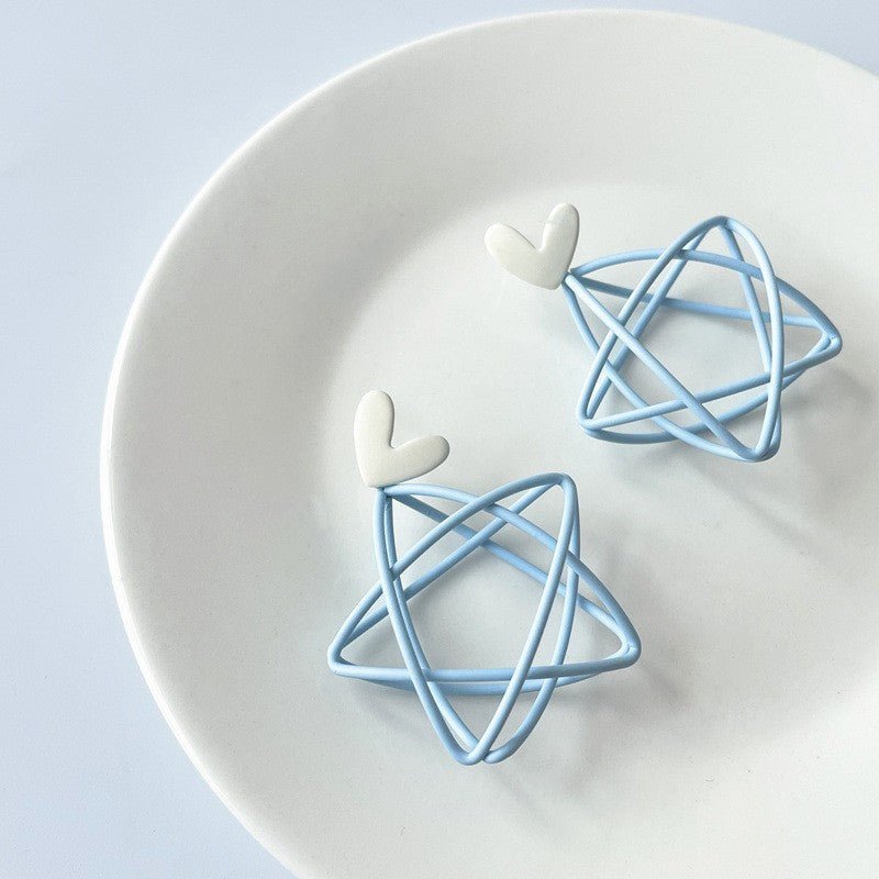 Silver Needle Blue Ear Studs Female Hollow Pentagram Earrings Girl Earrings Heart Shape-Jewearrings