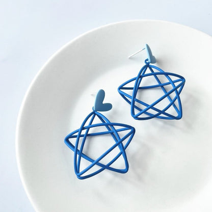 Silver Needle Blue Ear Studs Female Hollow Pentagram Earrings Girl Earrings Heart Shape-Jewearrings