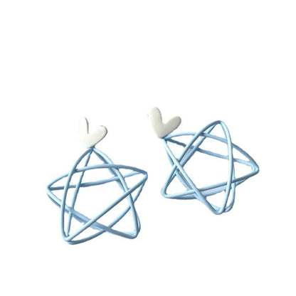 Silver Needle Blue Ear Studs Female Hollow Pentagram Earrings Girl Earrings Heart Shape-Jewearrings