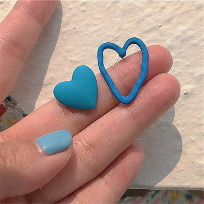 Silver Needle Blue Peach Heart Asymmetrical Stud Earrings-Jewearrings