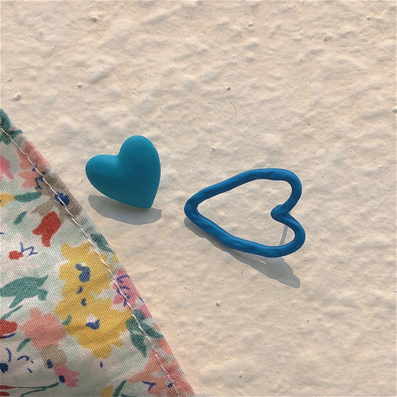 Silver Needle Blue Peach Heart Asymmetrical Stud Earrings-Jewearrings