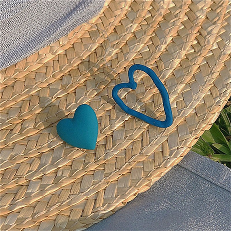 Silver Needle Blue Peach Heart Asymmetrical Stud Earrings-Jewearrings