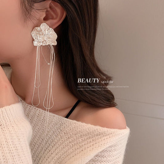 Silver Needle Butterfly Flower Super Long Tassel Earrings-Jewearrings