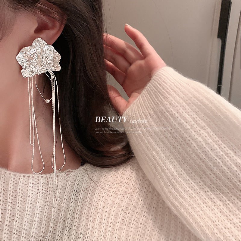 Silver Needle Butterfly Flower Super Long Tassel Earrings-Jewearrings