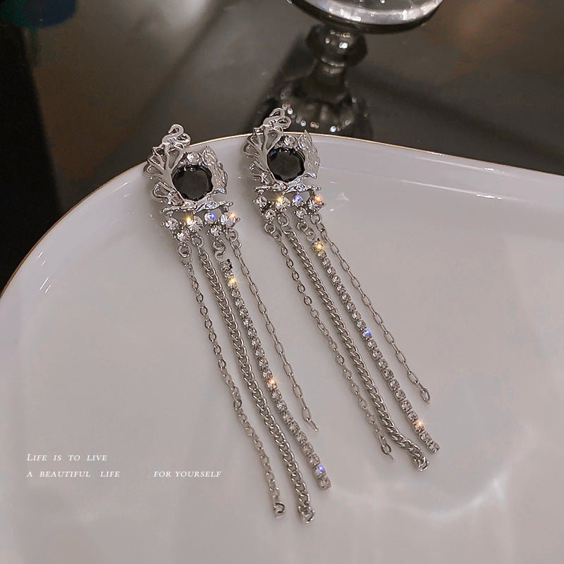 Silver Needle Crystal And Diamond Long Tassel Earrings-Jewearrings