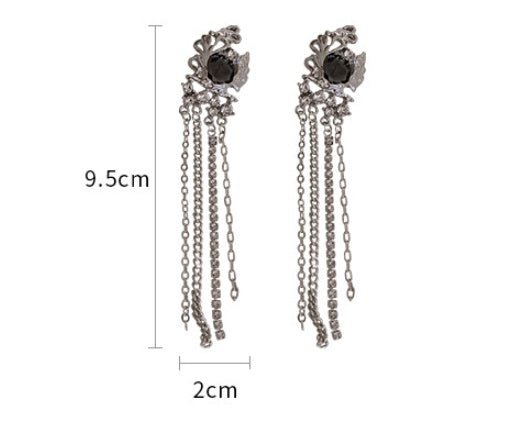 Silver Needle Crystal And Diamond Long Tassel Earrings-Jewearrings