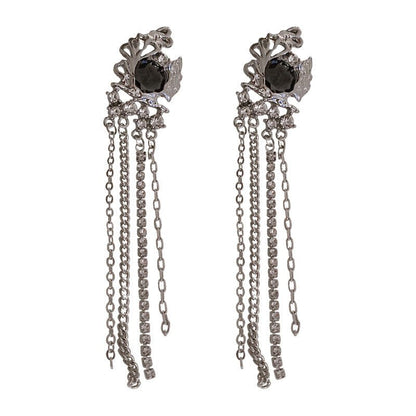 Silver Needle Crystal And Diamond Long Tassel Earrings-Jewearrings