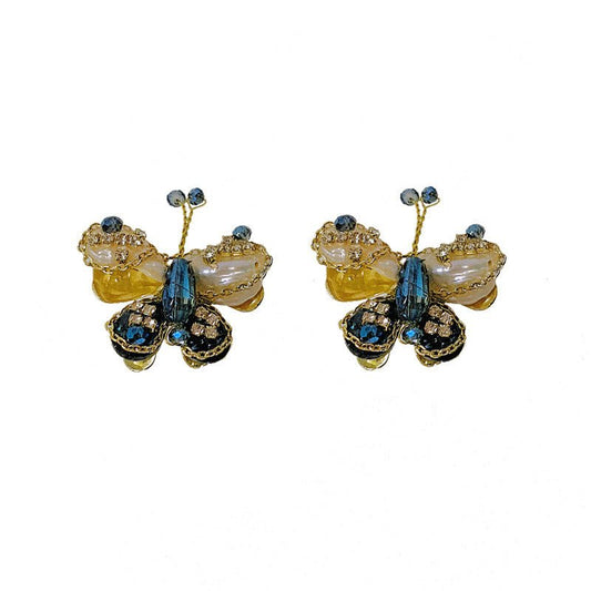 Silver Needle Diamond Blue Butterfly Stud Earrings Korean Design-Jewearrings