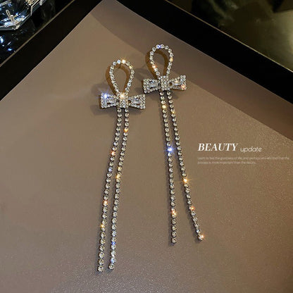 Silver Needle Diamond Bow Tassel Earrings Super Fairy Long-Jewearrings