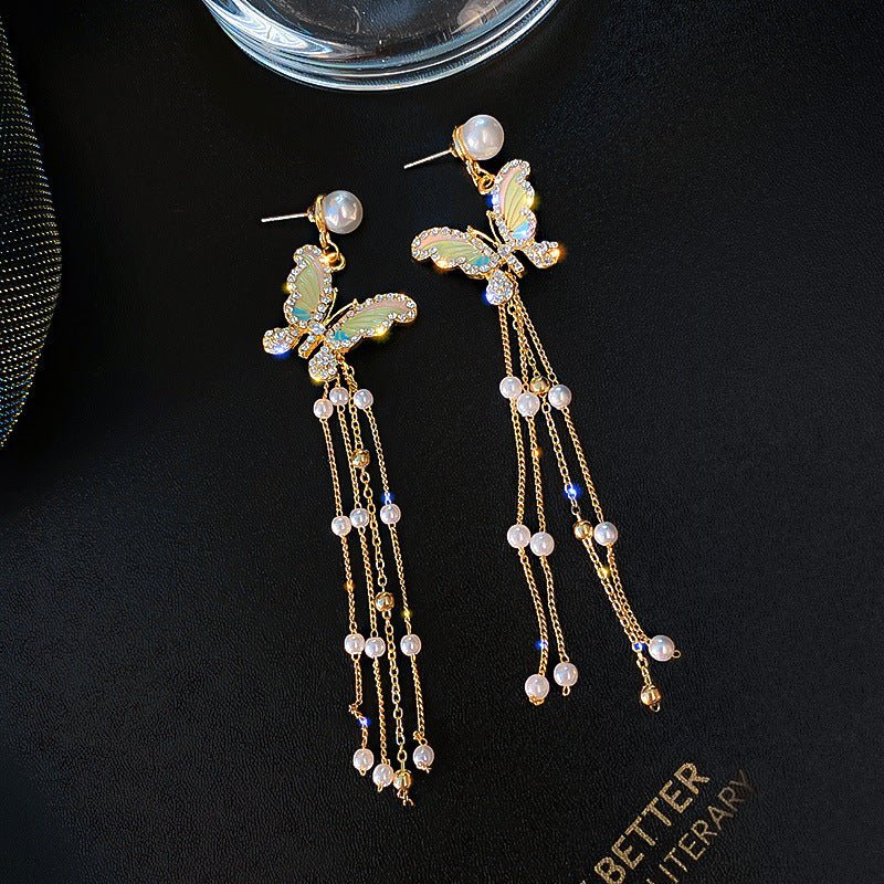 Silver Needle Diamond Butterfly Long Pearl Tassel Earrings-Jewearrings