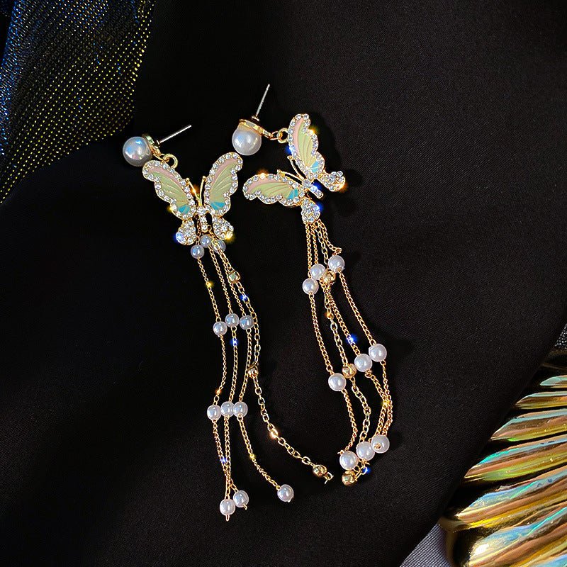 Silver Needle Diamond Butterfly Long Pearl Tassel Earrings-Jewearrings