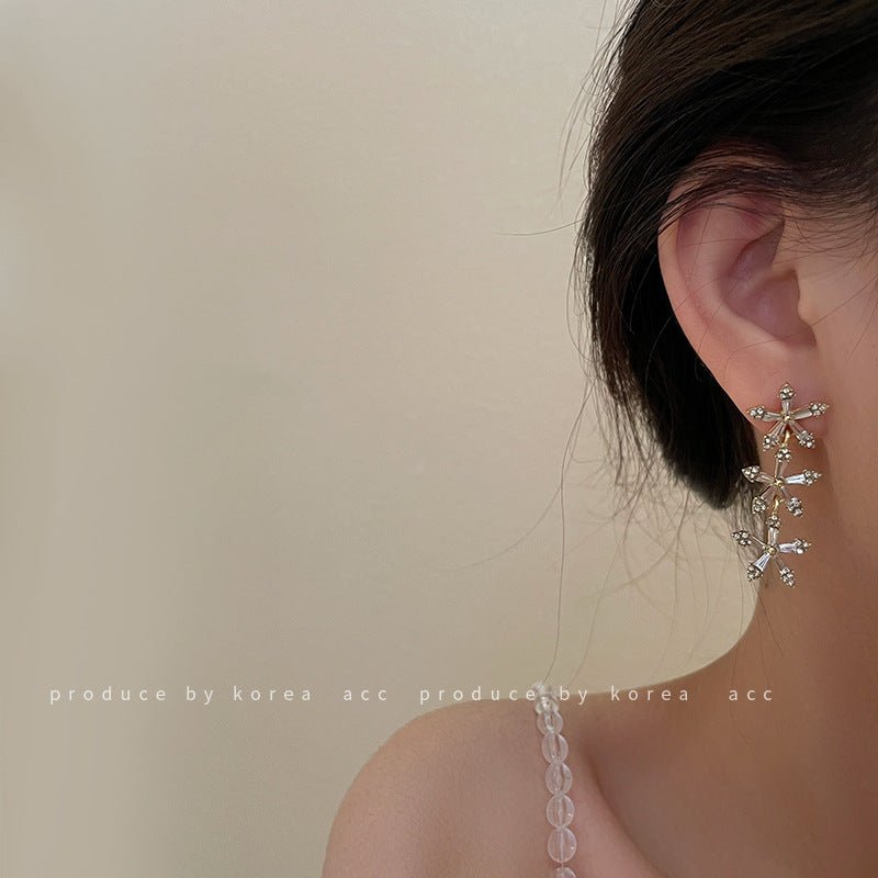 Silver Needle Diamond Flower Long Earrings Korean Design Fashion-Jewearrings