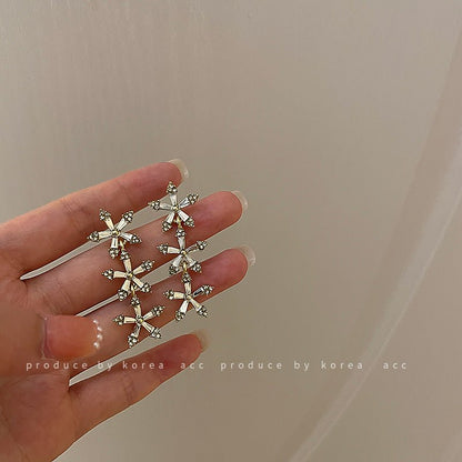 Silver Needle Diamond Flower Long Earrings Korean Design Fashion-Jewearrings