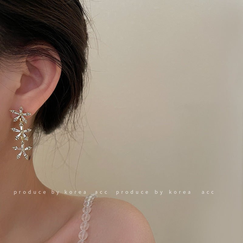 Silver Needle Diamond Flower Long Earrings Korean Design Fashion-Jewearrings