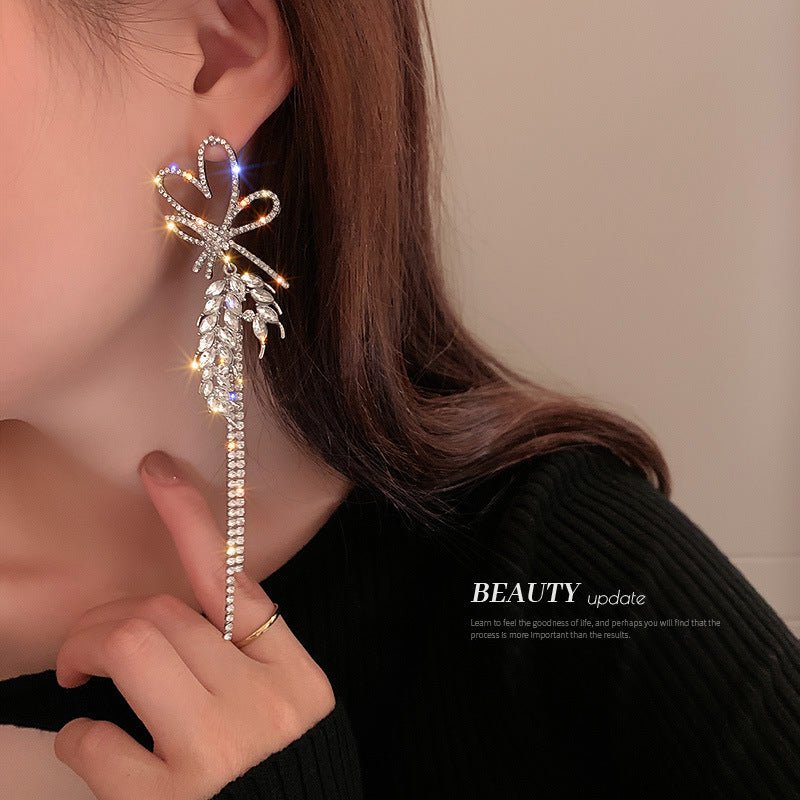 Silver Needle Diamond Love Wheat Ears Bowknot Tassel Earrings-Jewearrings