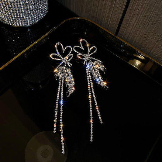 Silver Needle Diamond Love Wheat Ears Bowknot Tassel Earrings-Jewearrings