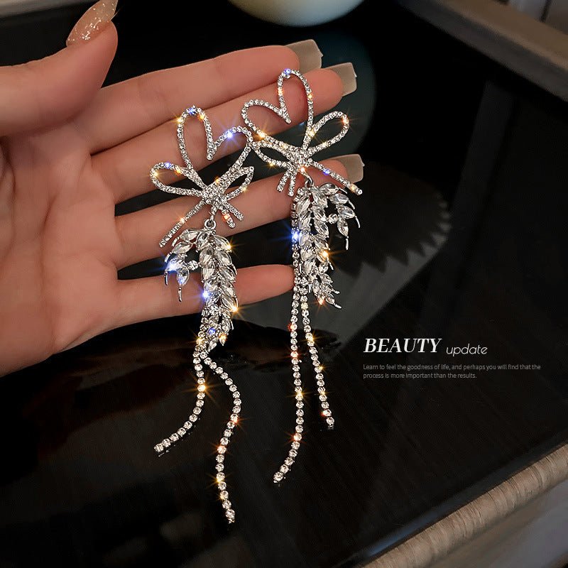 Silver Needle Diamond Love Wheat Ears Bowknot Tassel Earrings-Jewearrings