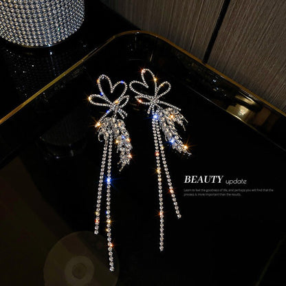 Silver Needle Diamond Love Wheat Ears Bowknot Tassel Earrings-Jewearrings