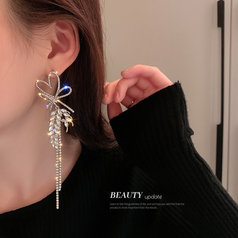 Silver Needle Diamond Love Wheat Ears Bowknot Tassel Earrings-Jewearrings