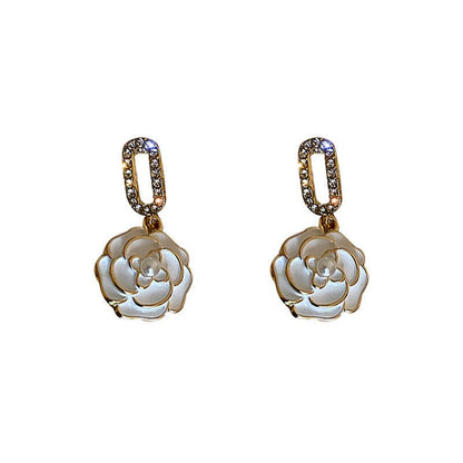 Silver Needle Diamond Pearl Drop Oil Camellia Earrings-Jewearrings