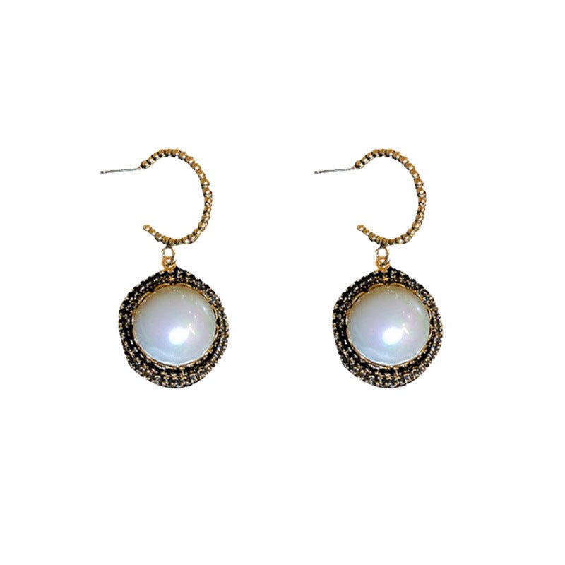 Silver Needle Diamond Pearl Geometric C Shape Earrings-Jewearrings