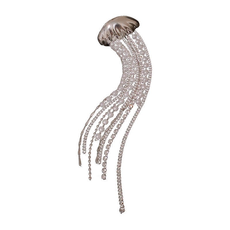 Silver Needle Diamond Pearl Tassel Jellyfish Earrings Single-Jewearrings