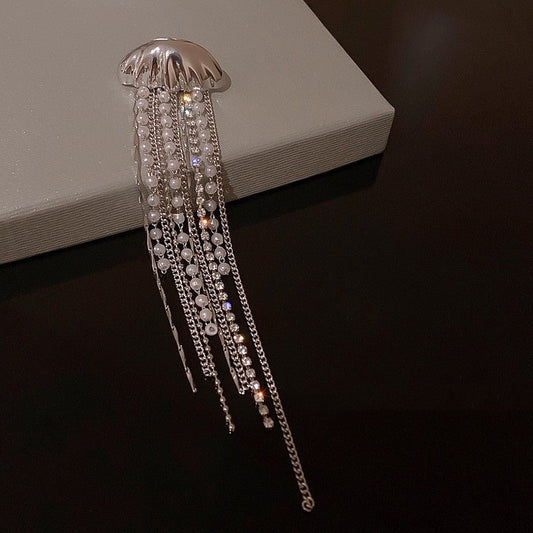 Silver Needle Diamond Pearl Tassel Jellyfish Earrings Single-Jewearrings