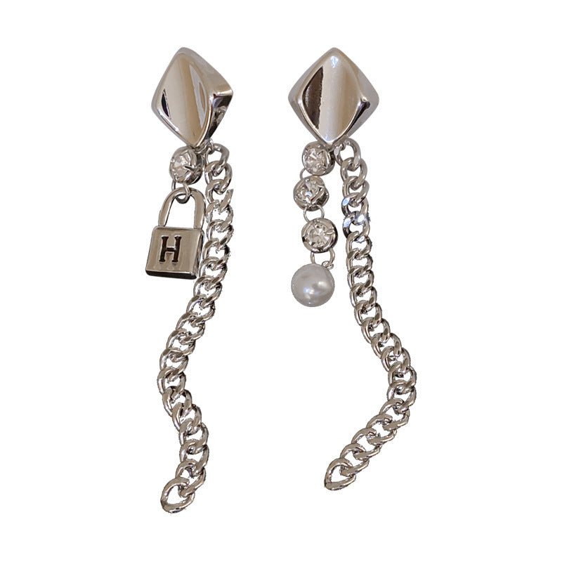 Silver Needle Diamond Pearl Tassel Small Lock Asymmetrical Earrings-Jewearrings