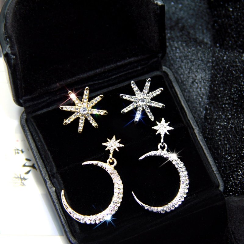 Silver Needle Diamond Star Moon Irregular Stud Earrings-Jewearrings