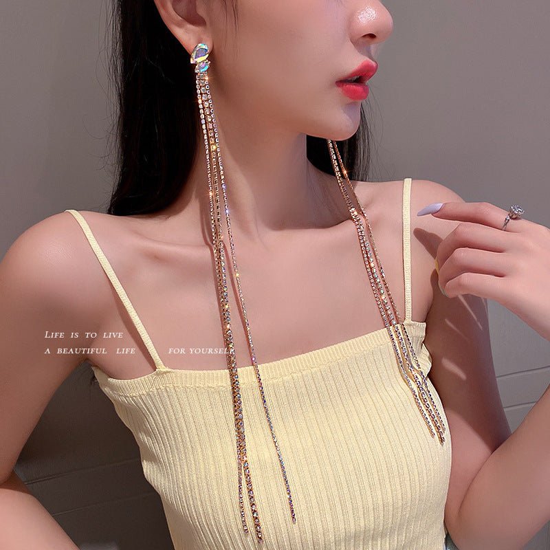 Silver Needle Diamond Tassel Earrings Retro Exaggerated Long Style-Jewearrings