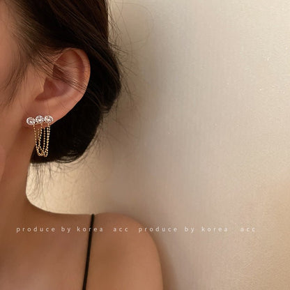 Silver Needle Diamond Tassel Small Golden Ball Earrings Korean Design-Jewearrings