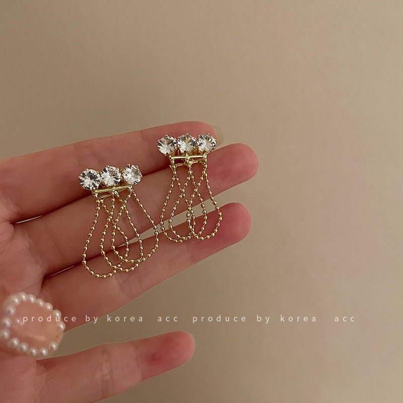 Silver Needle Diamond Tassel Small Golden Ball Earrings Korean Design-Jewearrings