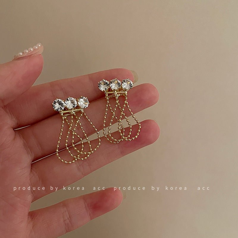 Silver Needle Diamond Tassel Small Golden Ball Earrings Korean Design-Jewearrings