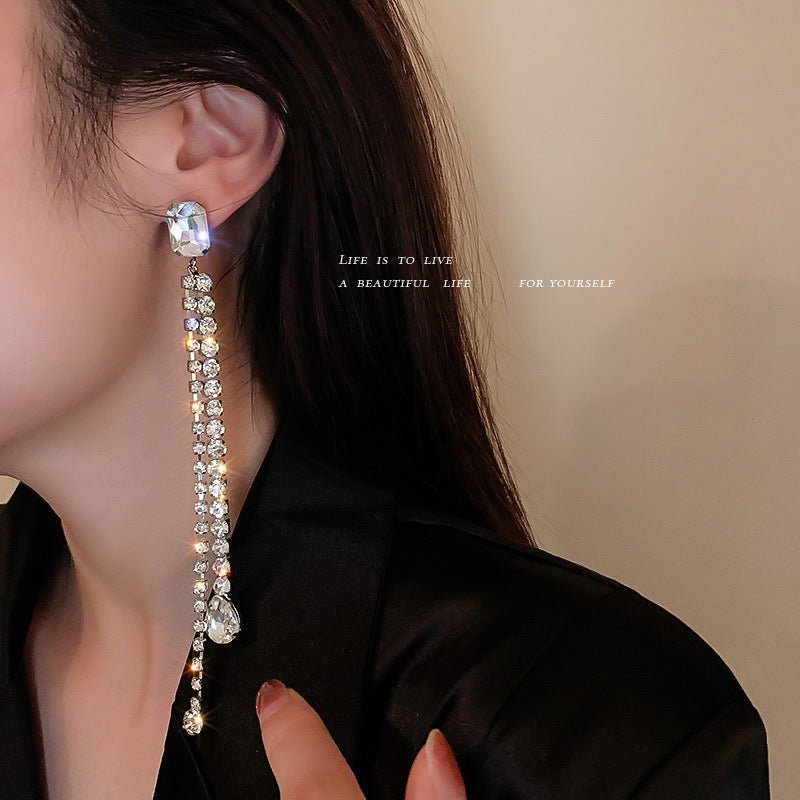 Silver Needle Diamond Water Drop Asymmetrical Tassel Earrings Long-Jewearrings