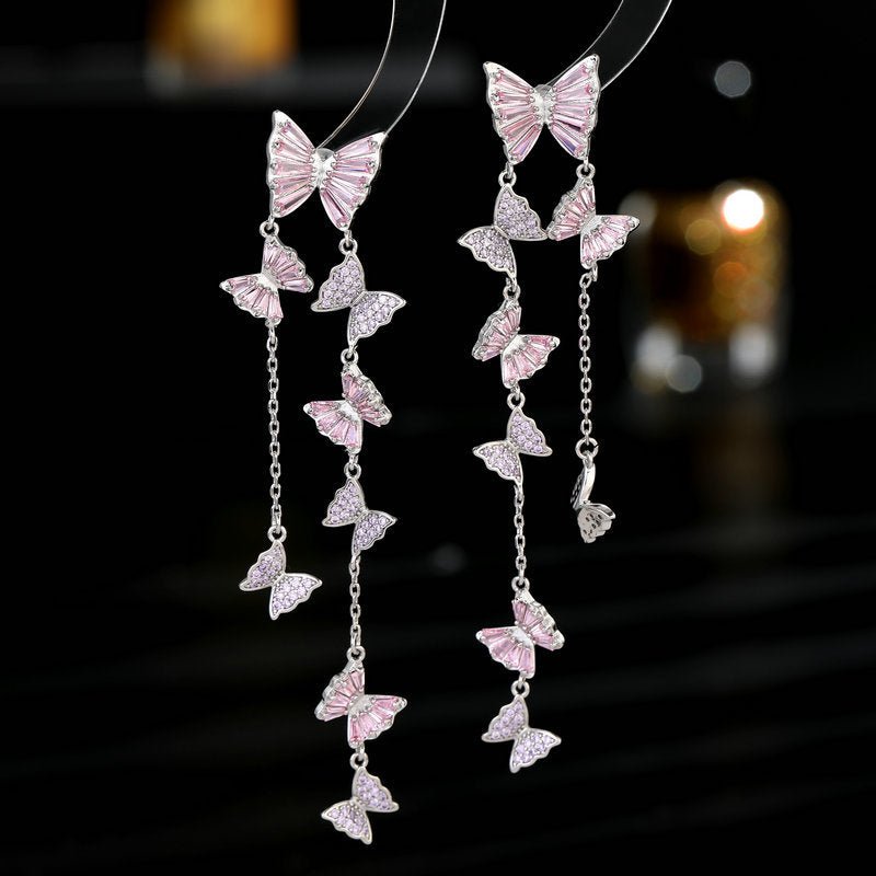 Silver Needle Elegant Zircon Inlaid Modified Face Earrings Long-Jewearrings