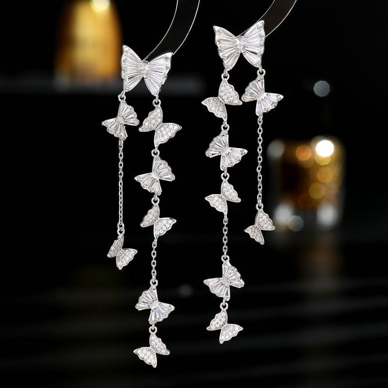 Silver Needle Elegant Zircon Inlaid Modified Face Earrings Long-Jewearrings