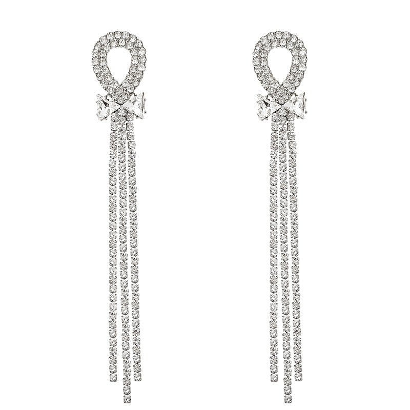 Silver Needle Exquisite Full Diamond Long Fringe Earrings Women-Jewearrings