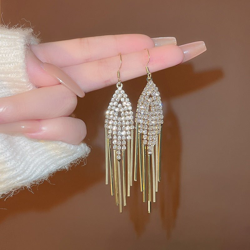 Silver Needle Exquisite Full Diamond Long Fringe Earrings Women-Jewearrings