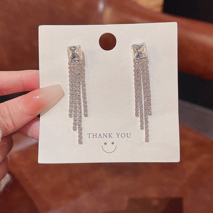 Silver Needle Exquisite Full Diamond Long Fringe Earrings Women-Jewearrings