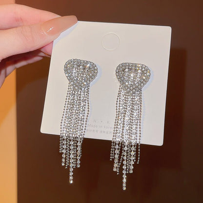 Silver Needle Exquisite Full Diamond Long Fringe Earrings Women-Jewearrings