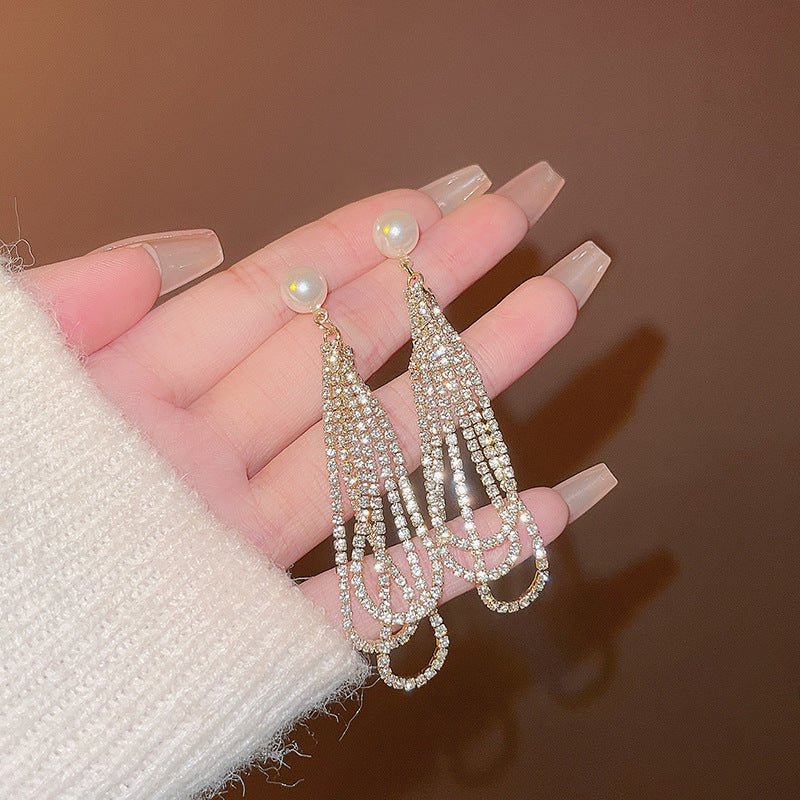 Silver Needle Exquisite Full Diamond Long Fringe Earrings Women-Jewearrings