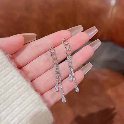 Silver Needle Exquisite Full Diamond Long Fringe Earrings Women-Jewearrings