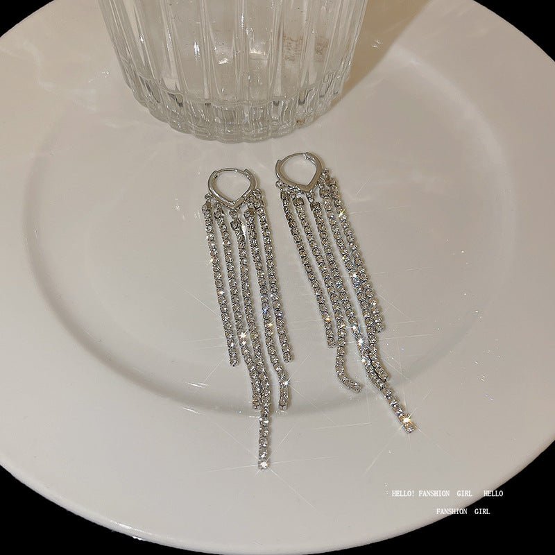 Silver Needle Exquisite Full Diamond Long Fringe Earrings Women-Jewearrings