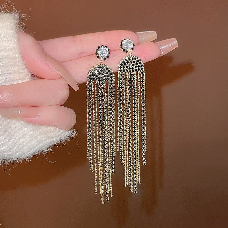 Silver Needle Exquisite Full Diamond Long Fringe Earrings Women-Jewearrings