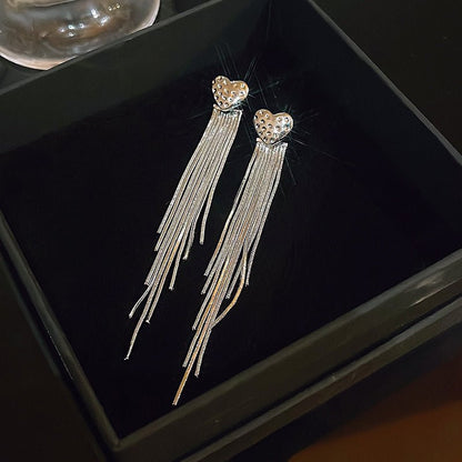 Silver Needle Exquisite Full Diamond Long Fringe Earrings Women-Jewearrings