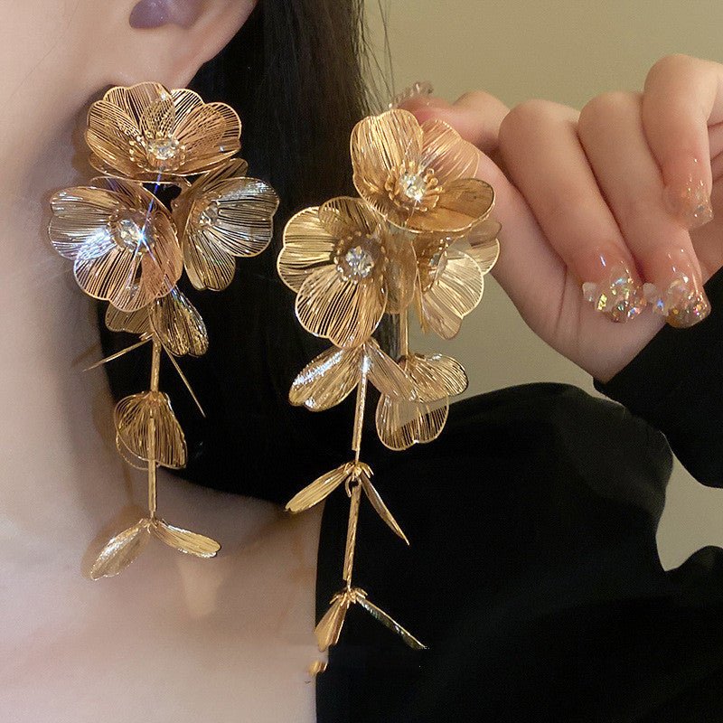 Silver Needle Fashion Diamond Flower Long Fringe Earrings-Jewearrings