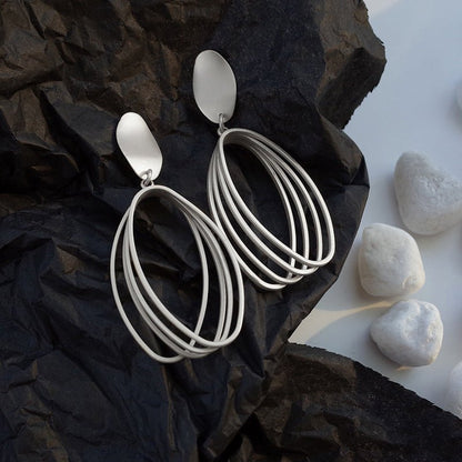 Silver Needle Frosty Wind Earrings Long Geometric Oval-Jewearrings