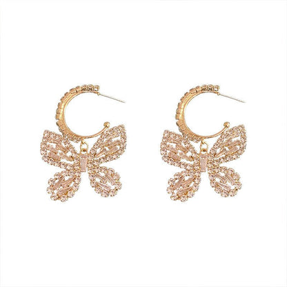 Silver Needle Full Diamond Zircon Butterfly Hoop Earrings Korea-Jewearrings