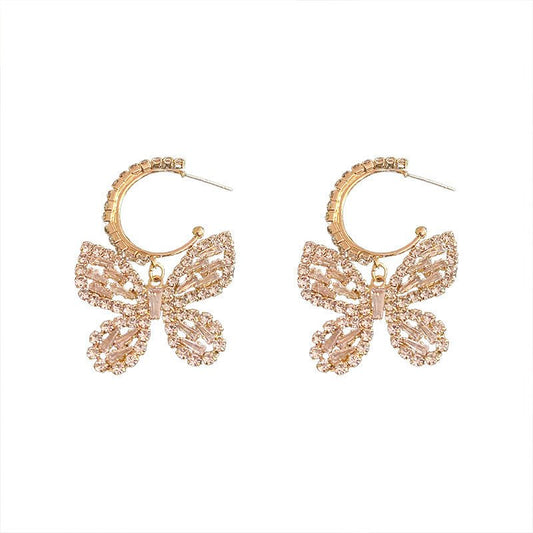 Silver Needle Full Diamond Zircon Butterfly Hoop Earrings Korea-Jewearrings