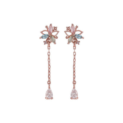 Silver Needle Green Blue Zircon Mosaic Color Flower Tassel Earrings Stud-Jewearrings